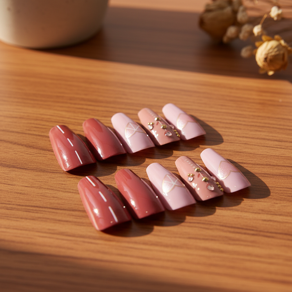 MOONLEE Rose Wine 24-piece press-on nail set display - Valentine's Day nails