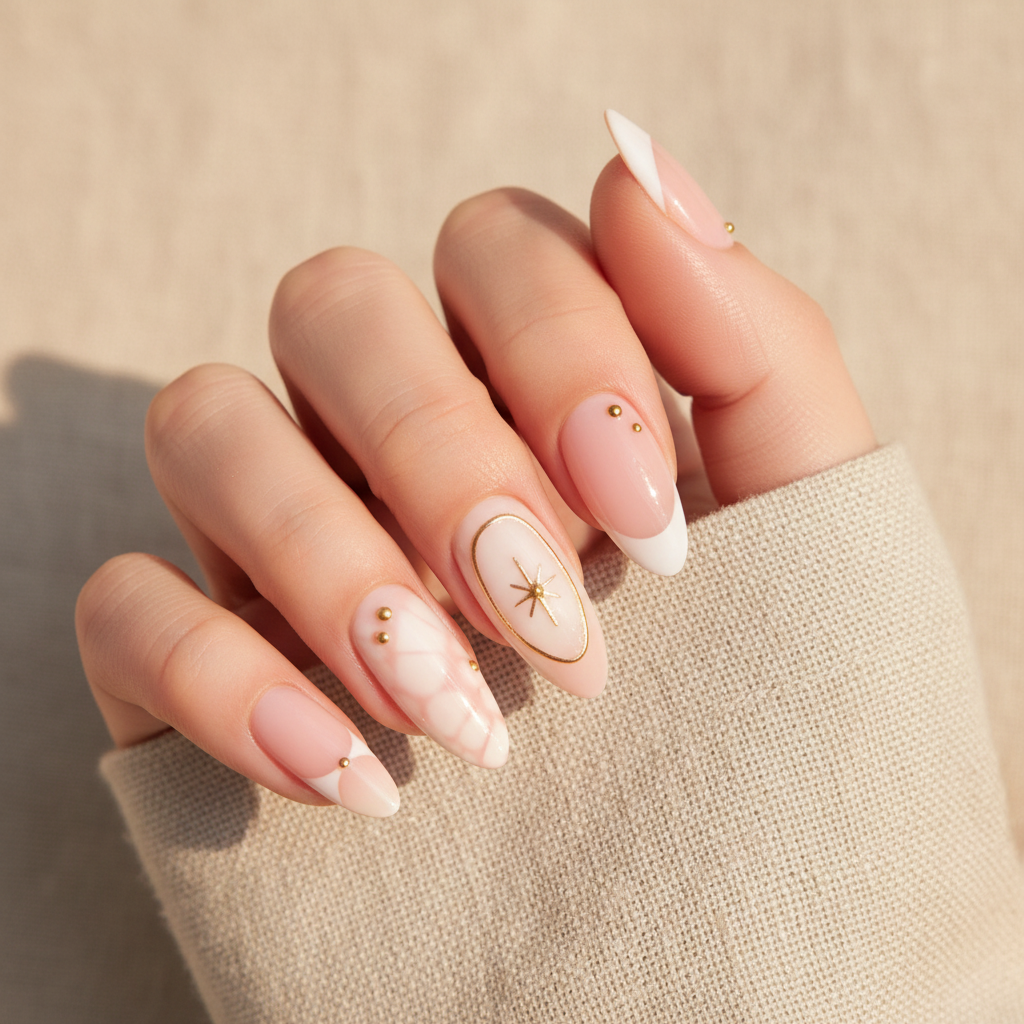 MOONLEE Cotton Candy short almond press-on nails - light skin tone nude ombre