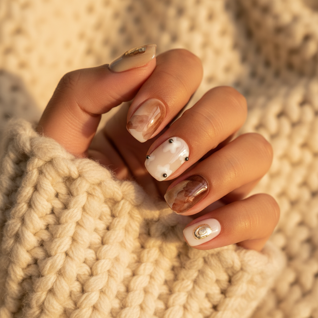 MOONLEE Caramel Torte press-on nails - medium skin tone knit background