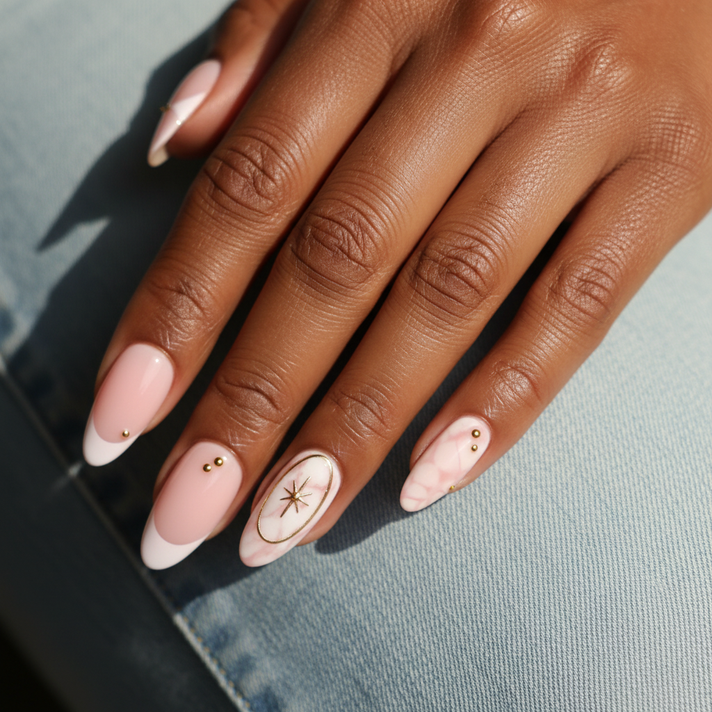 MOONLEE Cotton Candy short almond press-on nails - deep skin tone nude ombre