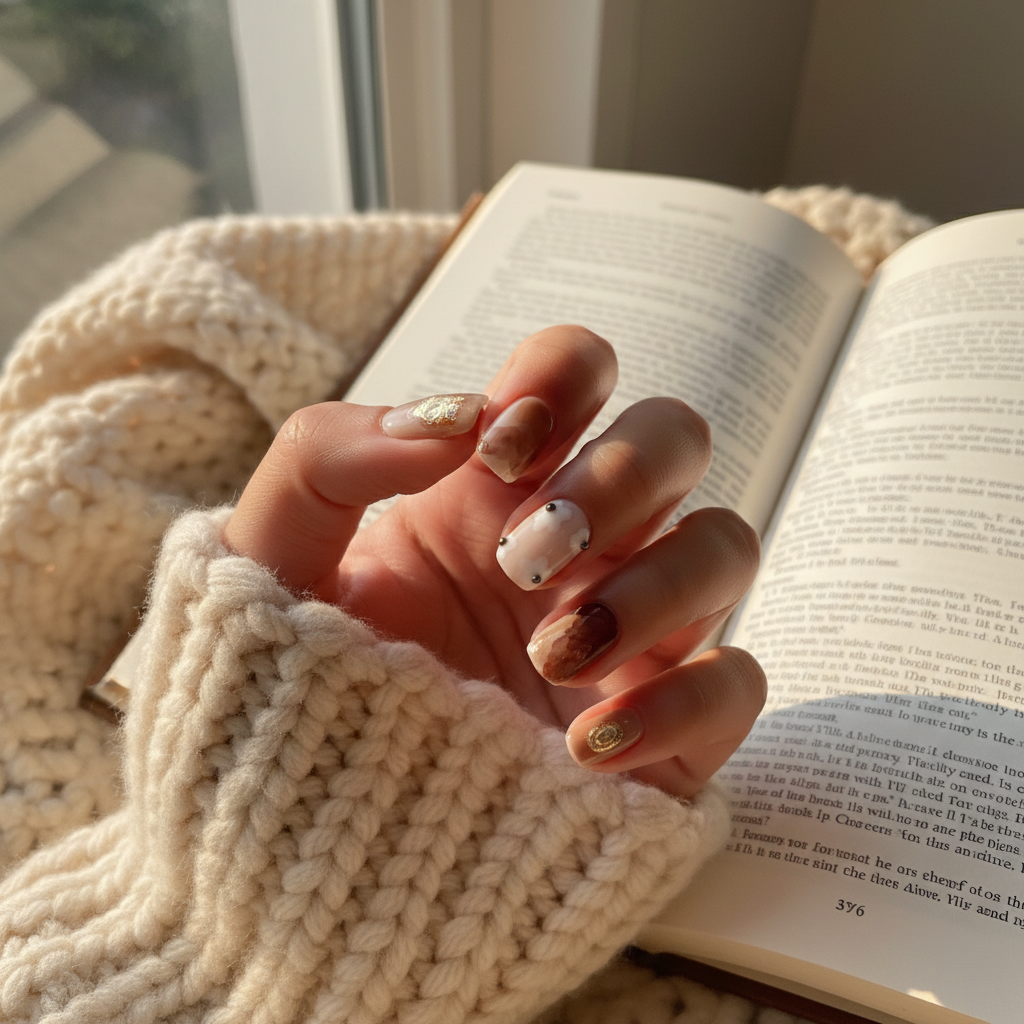 MOONLEE Caramel Torte short squoval press-on nails - light skin tone reading scene