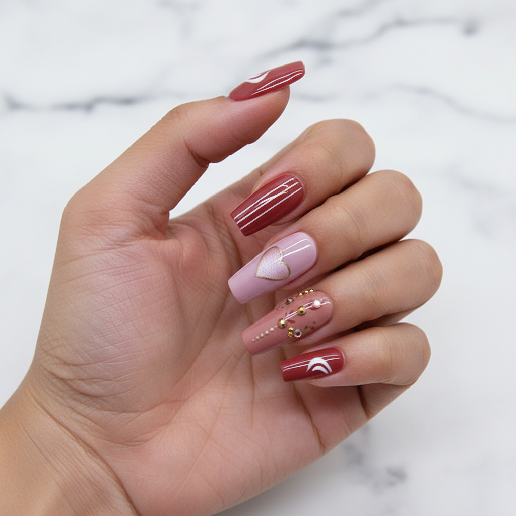 MOONLEE Rose Wine press-on nails - olive skin tone pink rose heart design