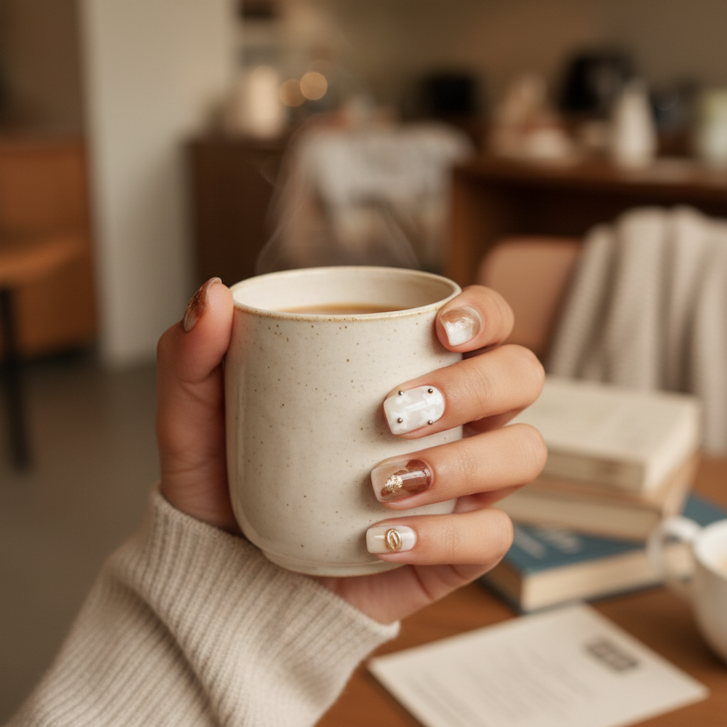 MOONLEE Caramel Torte press-on nails - medium skin tone cafe scene