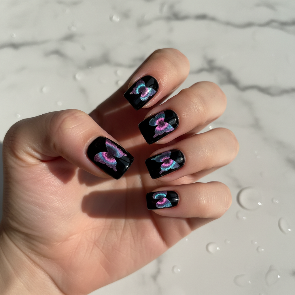 Blackberry Macaron Gradient Butterfly Press-on Nails on Light Skin Tone - MOONLEE