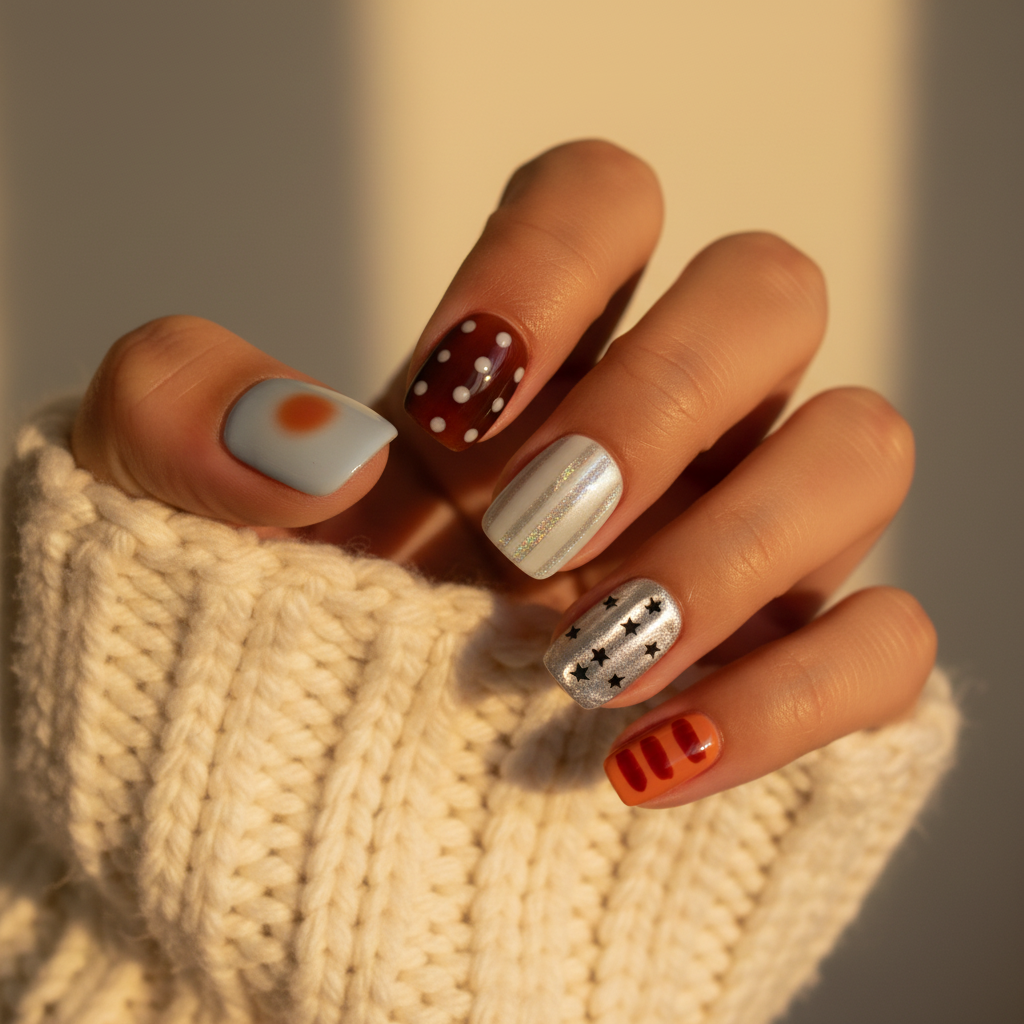 MOONLEE Rainbow Candy short squoval press-on nails - medium skin tone knit background