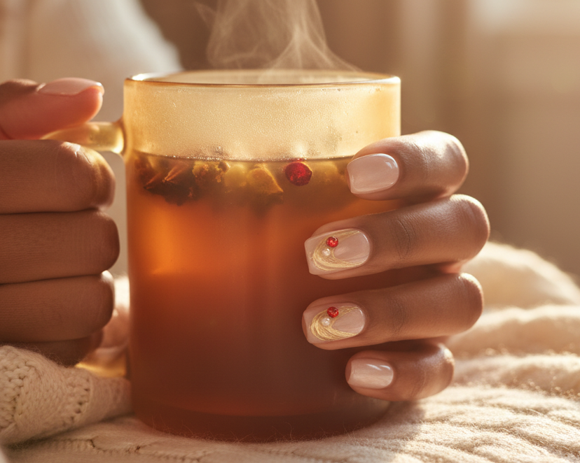 MOONLEE Peach Panna Cotta press-on nails - deep skin tone warm scene