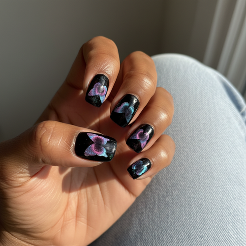 Blackberry Macaron Gradient Butterfly Press-on Nails on Deep Skin Tone - MOONLEE