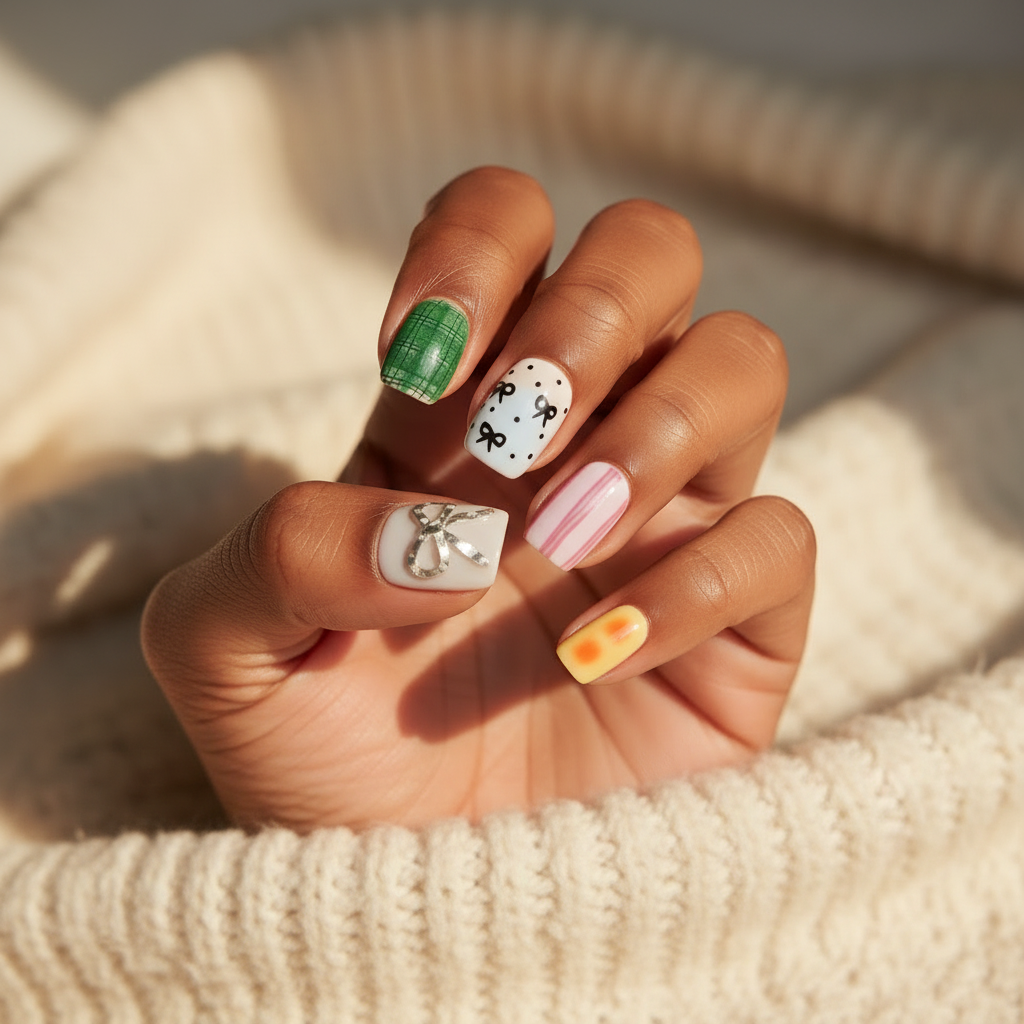 MOONLEE Rainbow Candy press-on nails - deep skin tone knit blanket