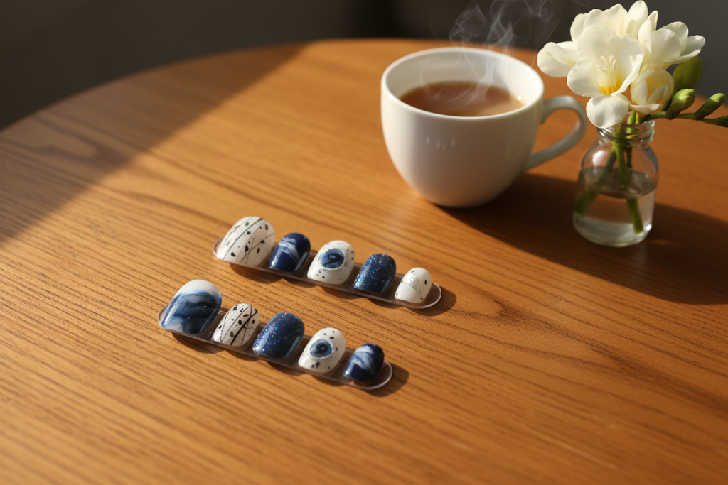 MOONLEE Blue Sugar Macaron 10-piece press-on nail set display - wood surface