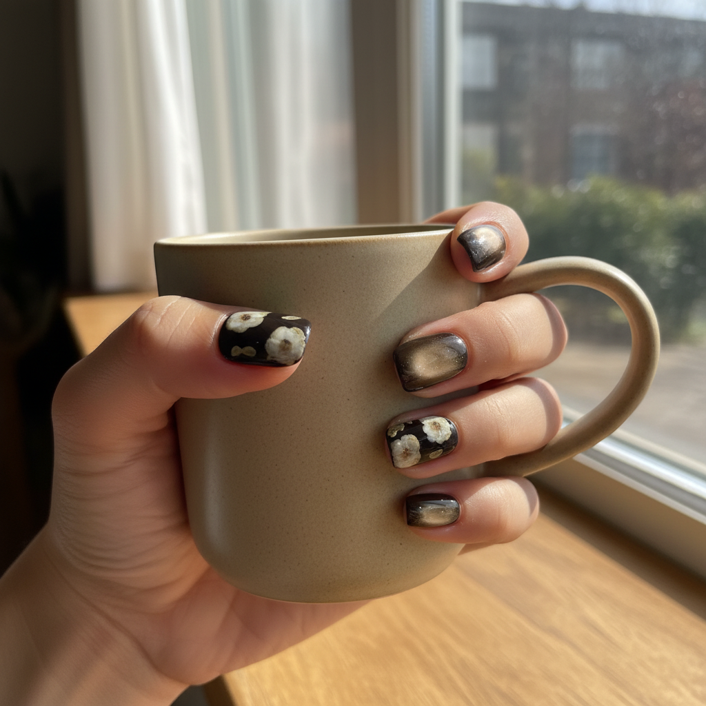 MOONLEE Mocha Cream Blossom short squoval press-on nails - medium skin tone window cafe