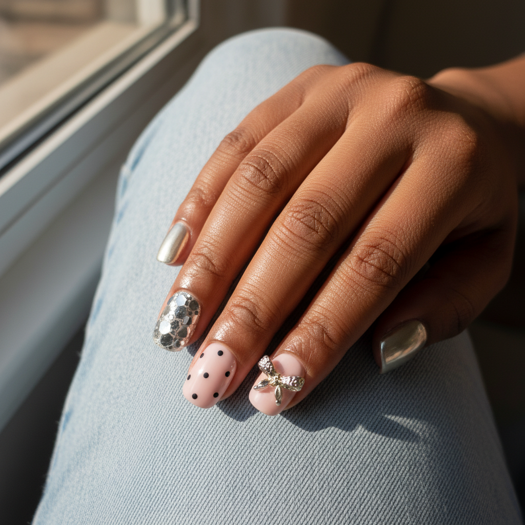 MOONLEE Pink Sugar Truffle short squoval press-on nails - deep skin tone denim background