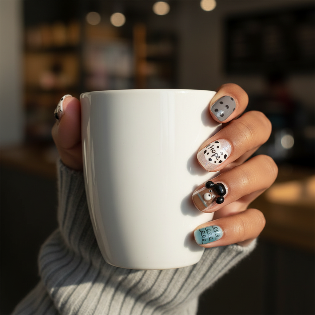 Short round press on nails for flat nail beds in Oreo milk pudding design