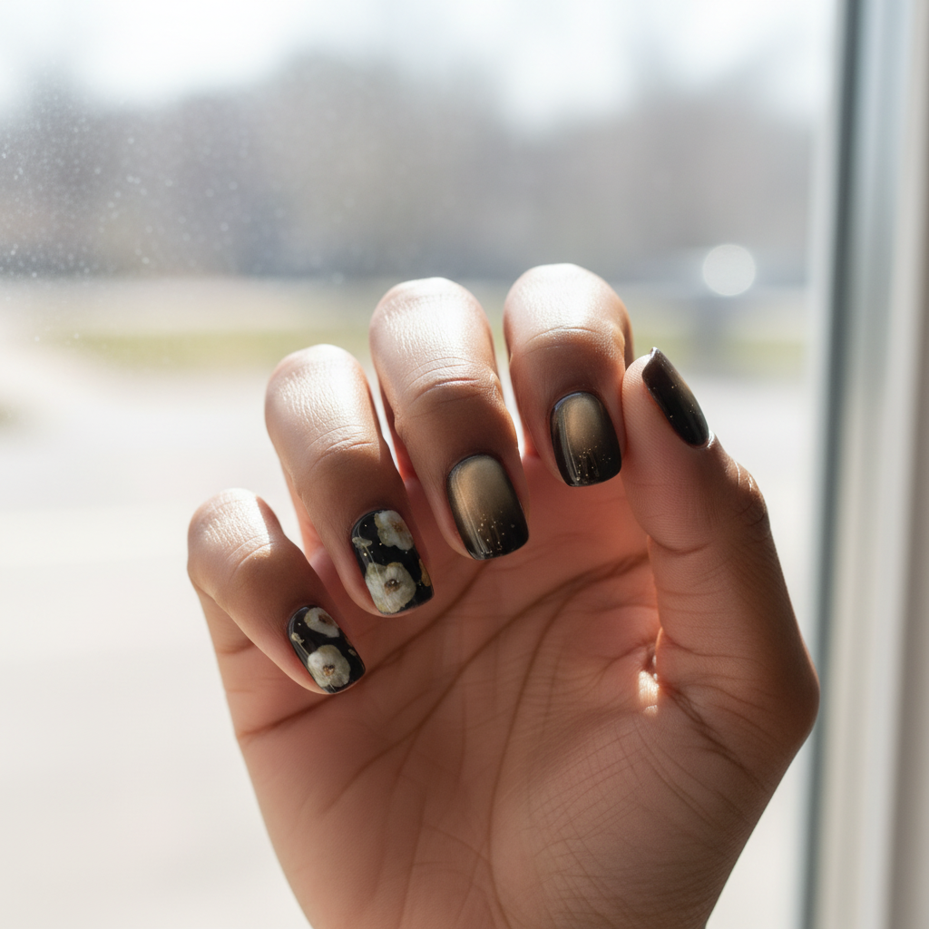 MOONLEE Mocha Cream Blossom press-on nails - deep skin tone window scene