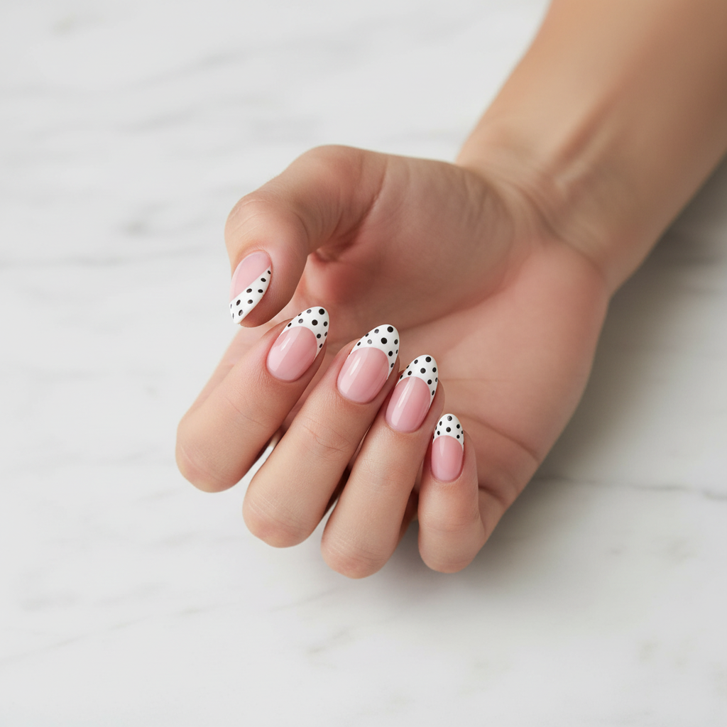 MOONLEE Cookies and Cream press-on nails - olive skin tone black white polka dot