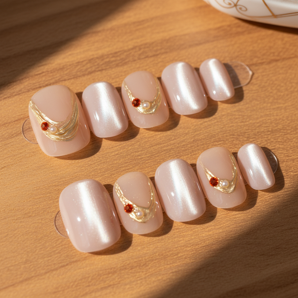 MOONLEE Peach Panna Cotta 10-piece press-on nail set display - gold swirl gem accent