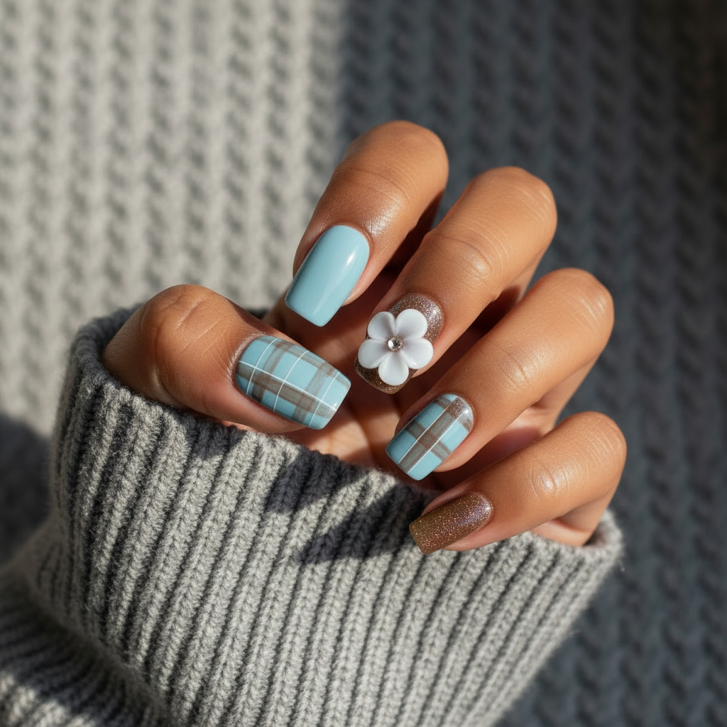 MOONLEE Blueberry Toffee Tart press-on nails - plaid ring finger detail