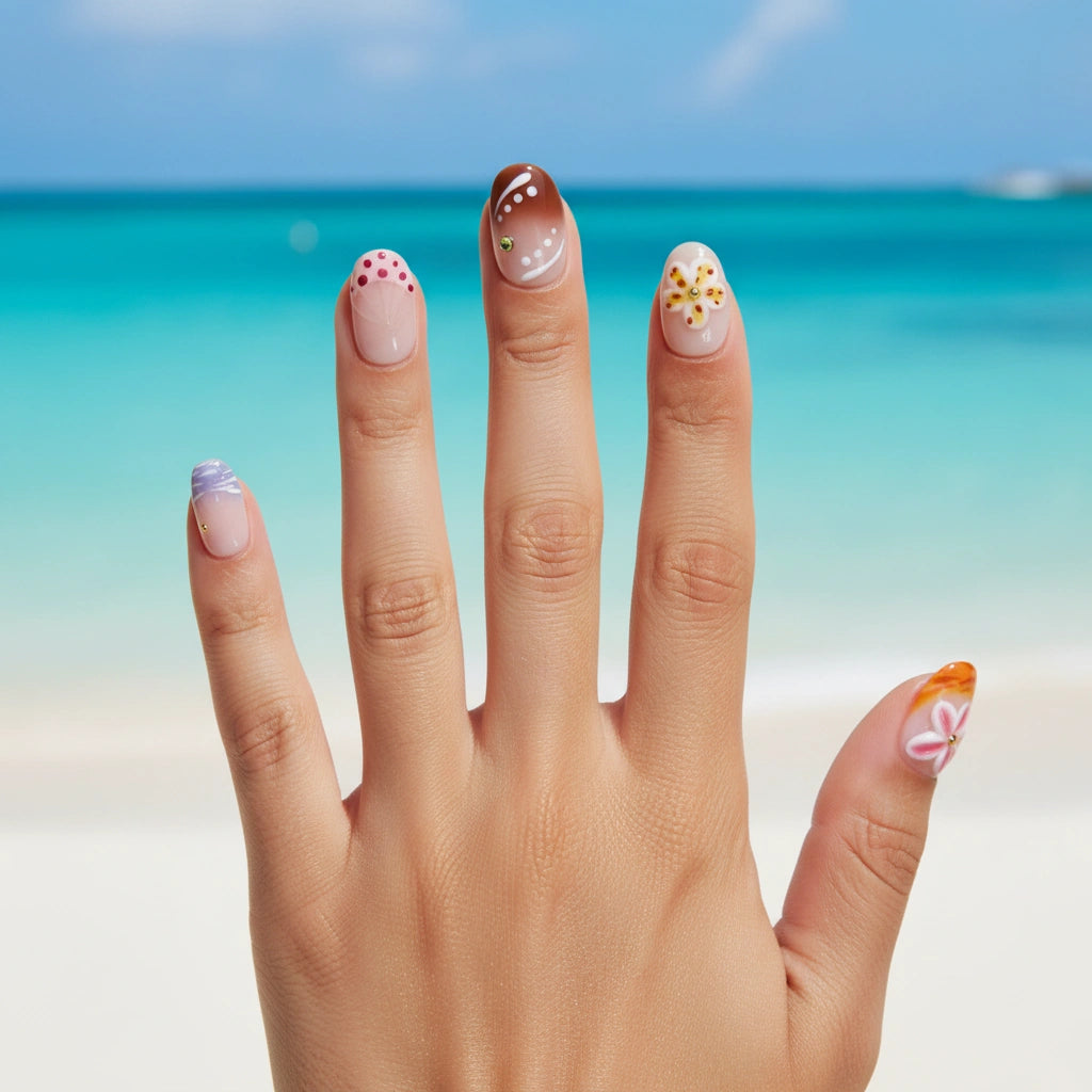 Whispering Sands Press-On Nails on left hand at beach — short round nails with brown chocolate gradient and pearl dots, yellow starfish flower with gold center, burgundy red dot clusters, purple-blue watercolor stripes, turquoise ocean background | MOONLEE