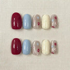 Berry Bloom Handmade Press-On Nails — red and blue floral patterns with dots on almond shape | MOONLEE