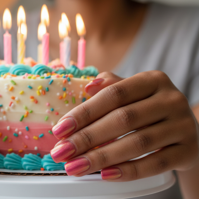 MOONLEE Rose Souffle short coffin press-on nails - light skin tone birthday cake scene