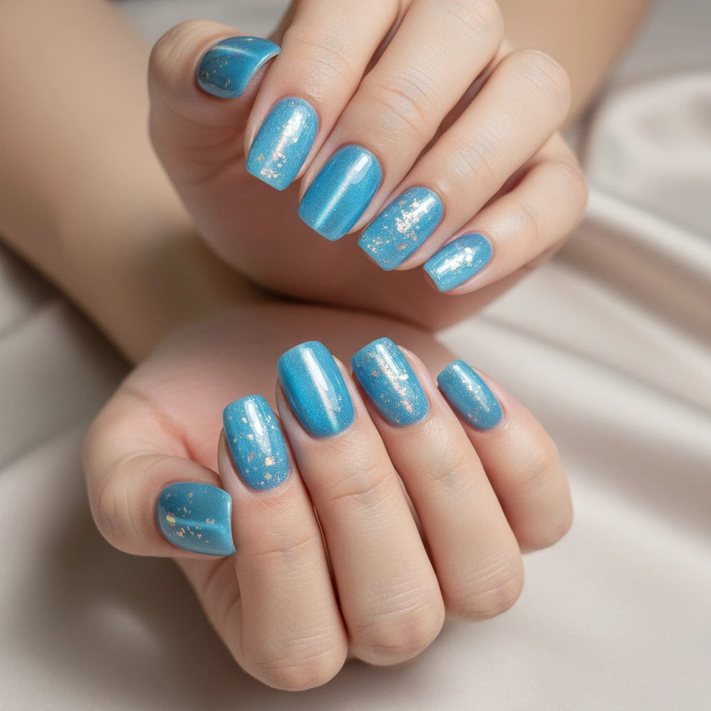 Blue Sorbet Handmade Press On Nails – Ocean Blue Holo Chrome Short Coffin Double Hand Pose | MOONLEE