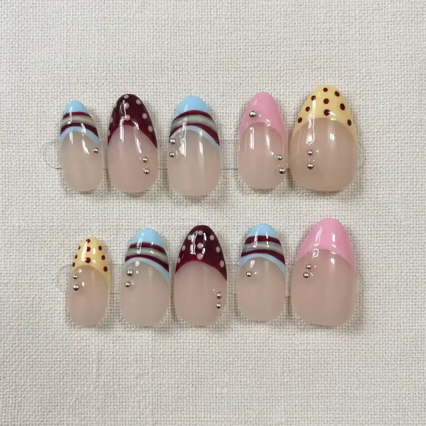 Candy French Handmade Press-On Nails — rainbow multi-color French tips on almond shape | MOONLEE