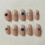 Color Block Handmade Press-On Nails — geometric color blocks in pink and blue on square shape | MOONLEE