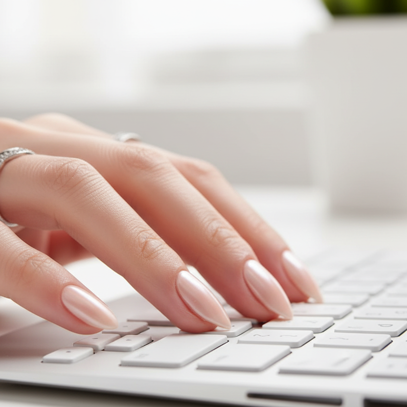 MOONLEE Peach Glace press-on nails - light skin tone office scene rose gold