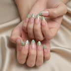 Matcha Mousse Handmade Press On Nails – Sage Green Matte Almond Double Hand Pose | MOONLEE