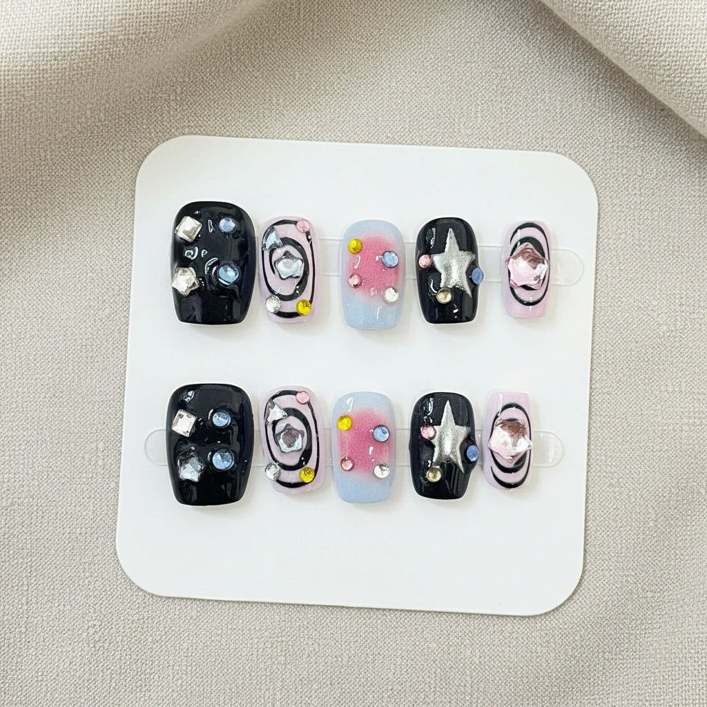 Handmade Press On Nails Flat Lay – Cosmic Dark Star Black Short Square | MOONLEE