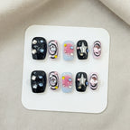 Handmade Press On Nails Flat Lay – Cosmic Dark Star Black Short Square | MOONLEE