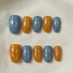 Retro Dots Handmade Press-On Nails — blue and orange polka dots on almond shape | MOONLEE