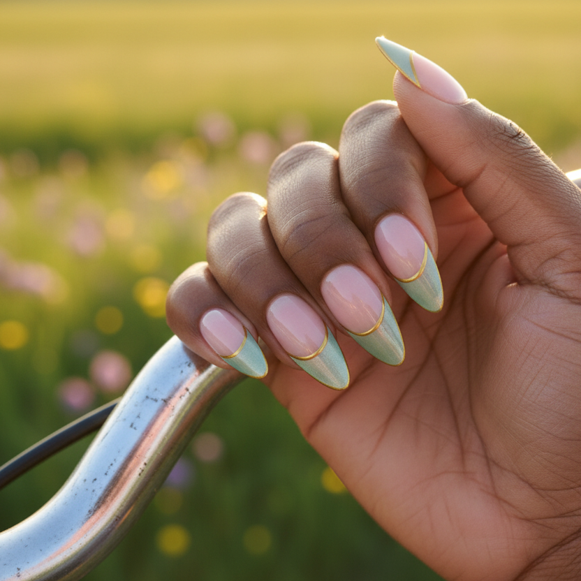 MOONLEE Matcha Mousse short almond press-on nails - bicycle outdoor spring scene