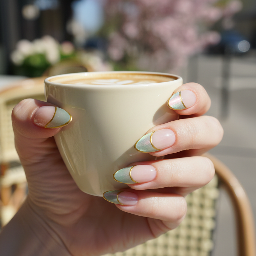MOONLEE Matcha Mousse press-on nails - cafe natural light scene