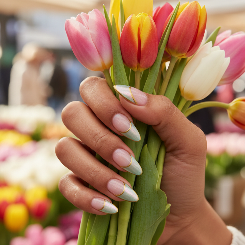 MOONLEE Matcha Mousse press-on nails - flower market natural light scene