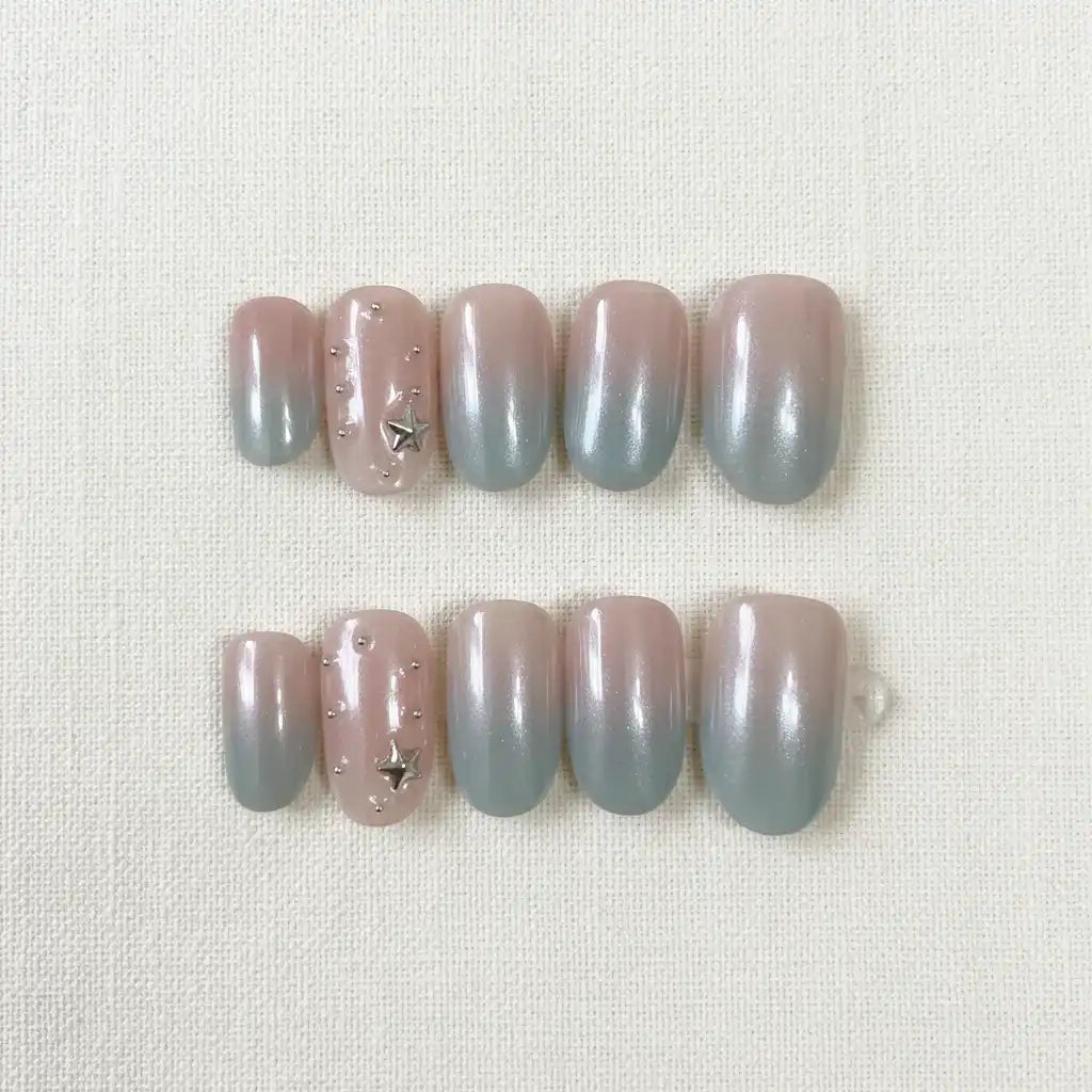 Starlight Mist Handmade Press-On Nails — nude-to-gray ombre with silver star studs on square shape | MOONLEE