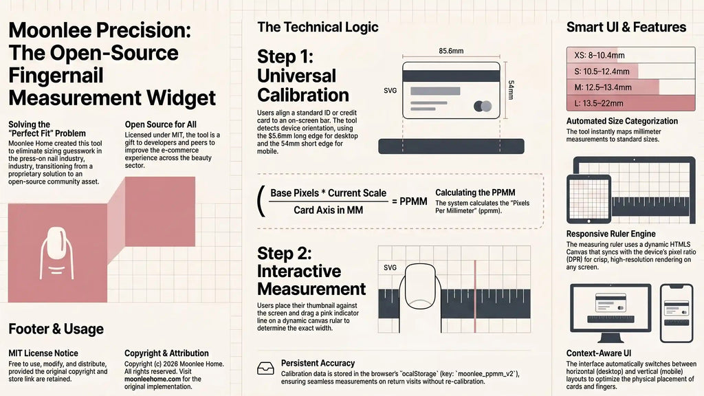 Moonlee Precision Fingernail Measurement Widget — open-source tool using ID card calibration and interactive HTML5 canvas ruler to measure nail width in millimeters, with automated XS–L size categorization for press-on nail sizing.
