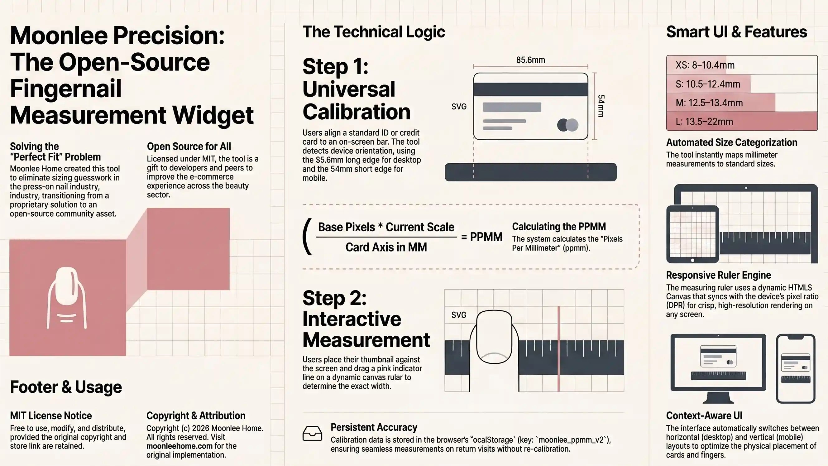 Moonlee Precision Fingernail Measurement Widget — open-source tool using ID card calibration and interactive HTML5 canvas ruler to measure nail width in millimeters, with automated XS–L size categorization for press-on nail sizing.