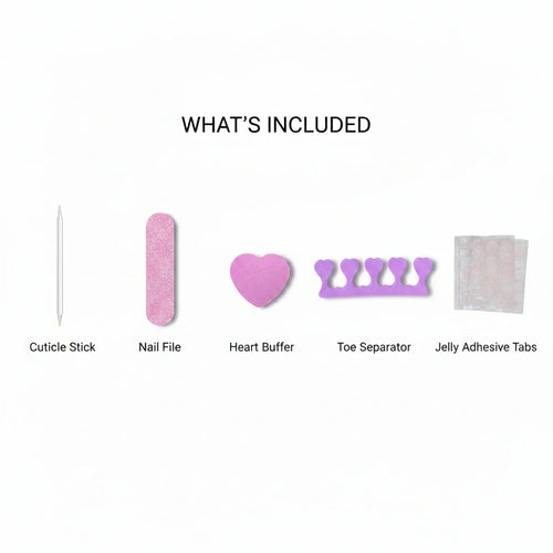 MOONLEE Press-On Nail Kit — What's Included: cuticle stick, nail file, heart buffer, toe separator, and jelly adhesive tabs on white background