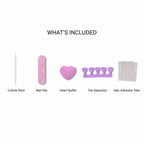 MOONLEE Press-On Nail Kit — What's Included: cuticle stick, nail file, heart buffer, toe separator, and jelly adhesive tabs on white background