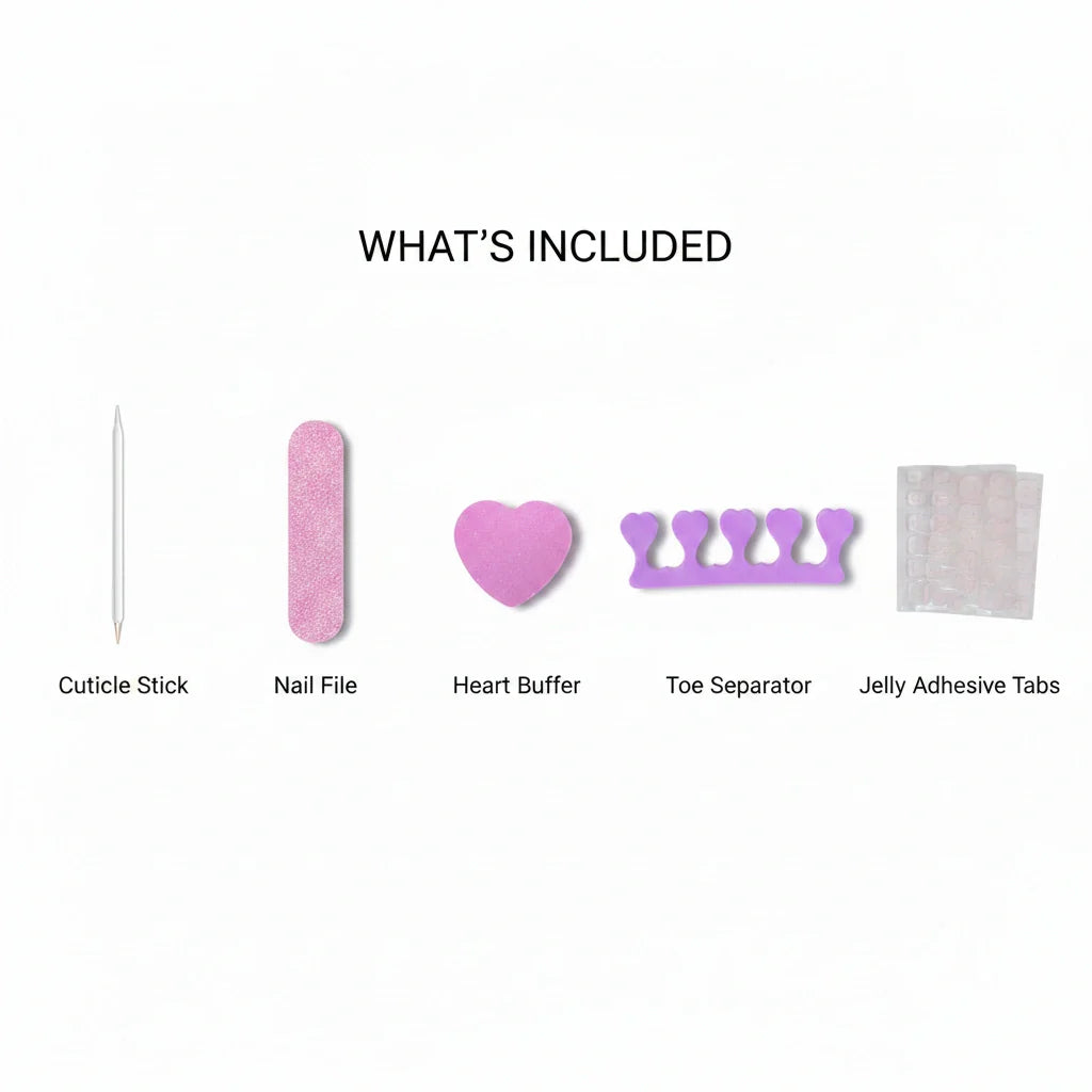 MOONLEE Press-On Nail Kit — What's Included: cuticle stick, nail file, heart buffer, toe separator, and jelly adhesive tabs on white background