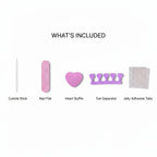 MOONLEE Press-On Nail Kit — What's Included: cuticle stick, nail file, heart buffer, toe separator, and jelly adhesive tabs on white background