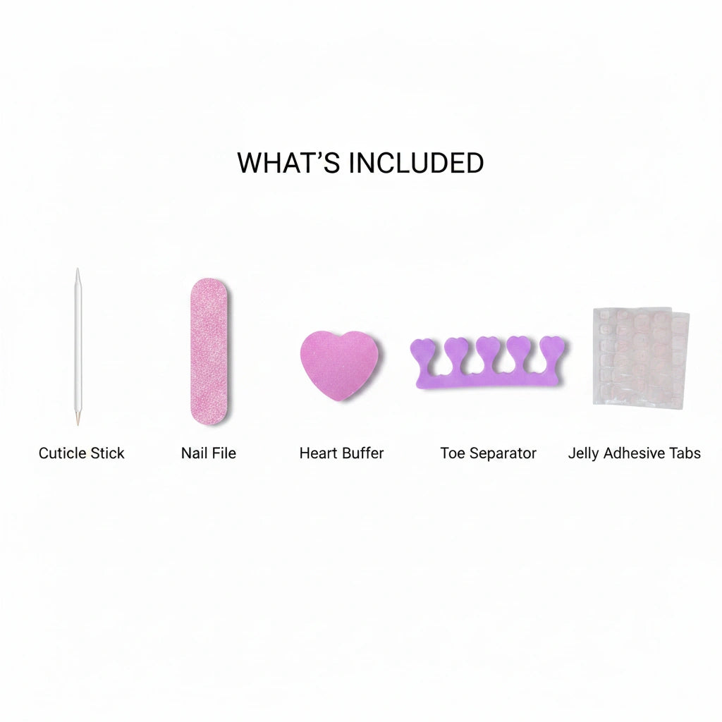 Press-On Nails Application Kit Includes – Jelly Adhesive Tabs, Pink Nail File, Cuticle Stick, Heart Buffer, and Toe Separator | MOONLEE