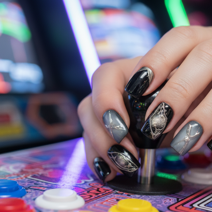 MOONLEE Static Grape press-on nails - Y2K arcade scene iridescent chrome